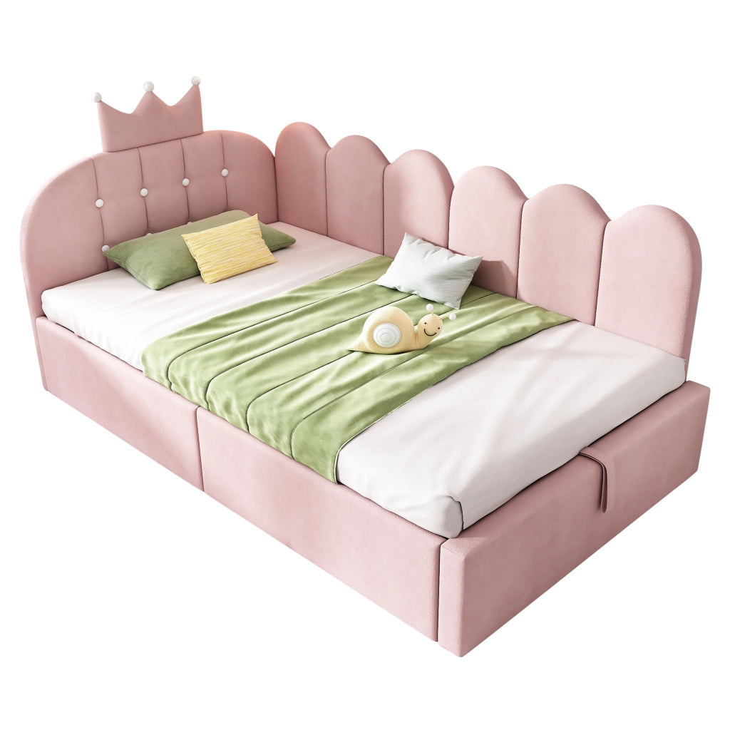 Letto divano 90 × 190 cm con contenitore idraulico, sponda a corona, senza materasso, in velluto rosa