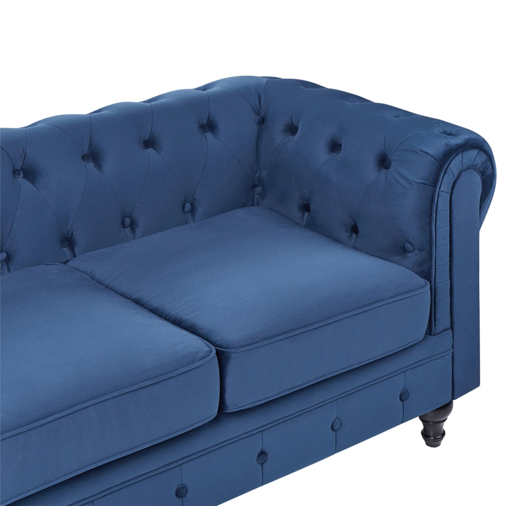 Chesterfield Soggiorno Set Rivestimento in Tessuto Velluto Blu Gambe in Legno Scuro Divano a 3 Posti + Poltrona Contemporanea
