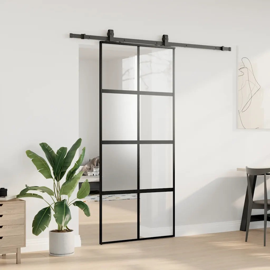 Porta Scorrevole Set Ferramenta Nera 90x205 cm Vetro Temperato 3375893