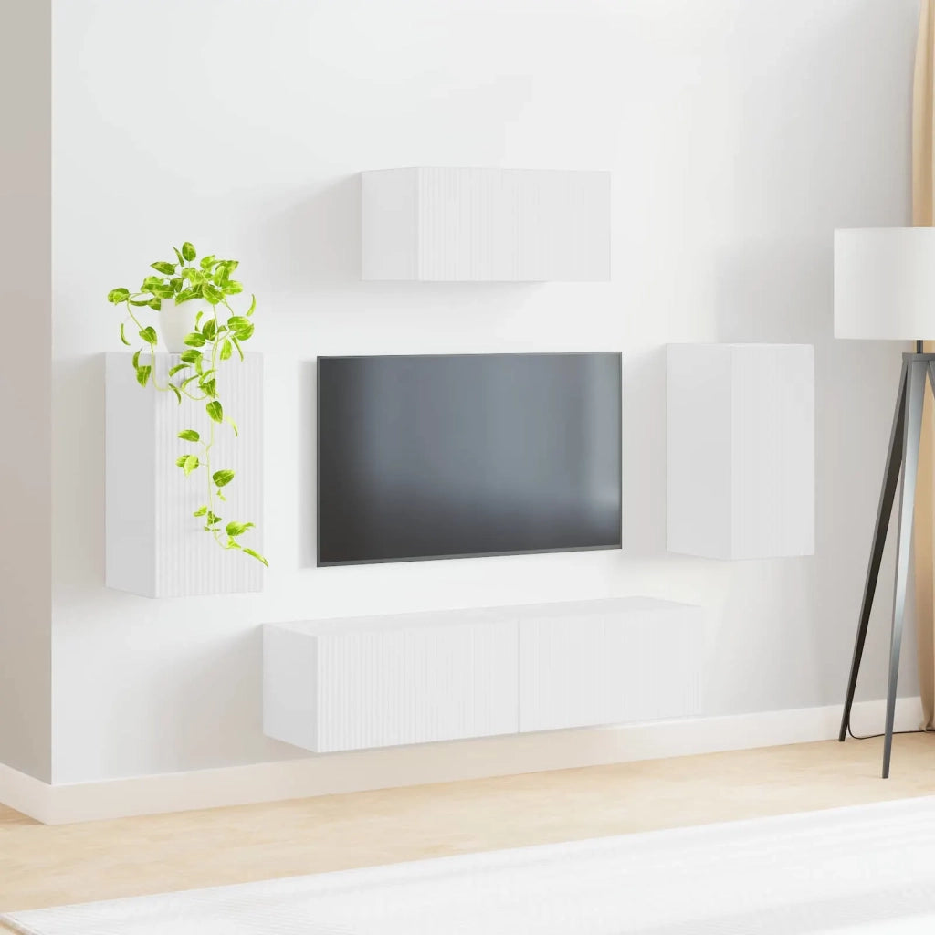 Set mobile TV Montaggio a parete 5 pcs Bianco Legno multistrato