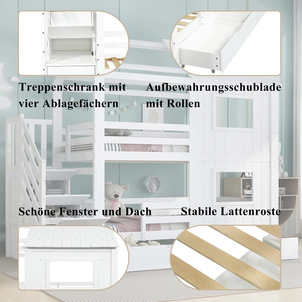 Letto a Castello 90x200 cm con Scala Contenitore; Cassetto su Ruote; Finestre e Tetto; Bianco