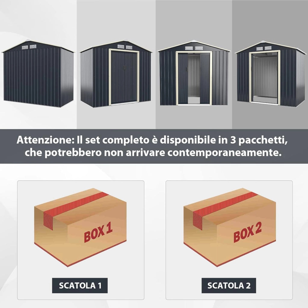 Casetta da Giardino Porta Attrezzi in Lamiera Acciaio Zincato 2,38 M2, Capanno da Esterno con Tettoia, Sfilati e Ante Scorrevoli, Adatto a Cortile, Giardino e Fattoria (203 x 117 x 195 cm)