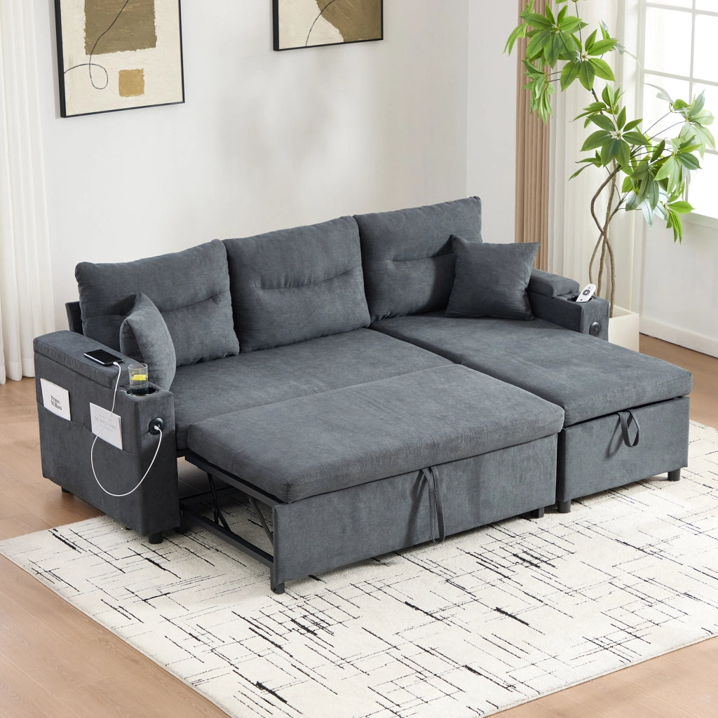 DIVANO 3 posti 212,5x136x86 cm Grigio Scuro in lino con chaise longue e letto estraibile