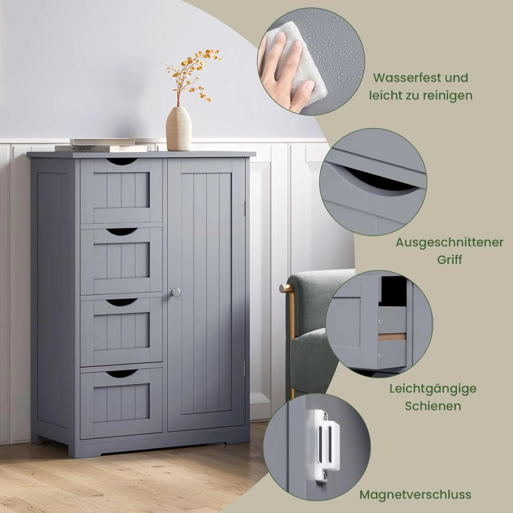 Cassettiera, Mobile da Bagno con 4 Cassetti e 2 Scomparti Regolabili, Mobile Portaoggetti per Bagno/Camera da Letto/Corridoioo/Cucina, Grigio, 56x30x81 cm