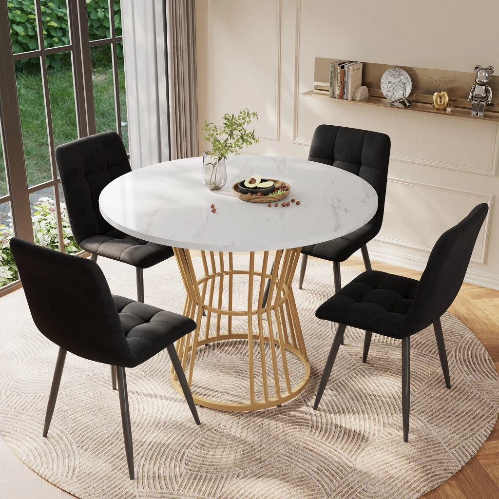 Tavolo da pranzo rotondo con 4 sedie, piano in MDF effetto marmo, per cucina e sala da pranzo, 100 × 75 cm
