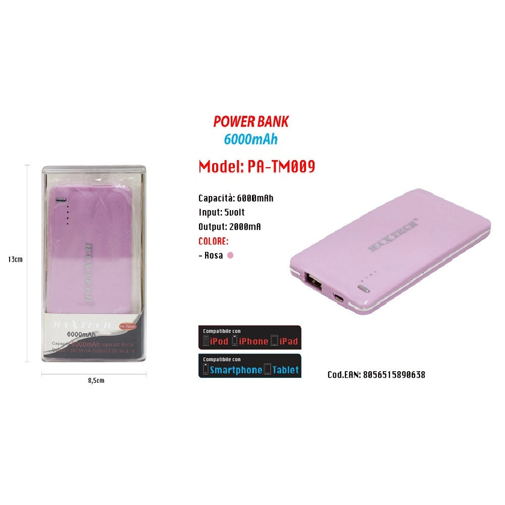 Trade Shop - Power Bank 6000mah Batteria Portatile Caricatore Smartphone 5volt Pa-tm009 Maxtech -