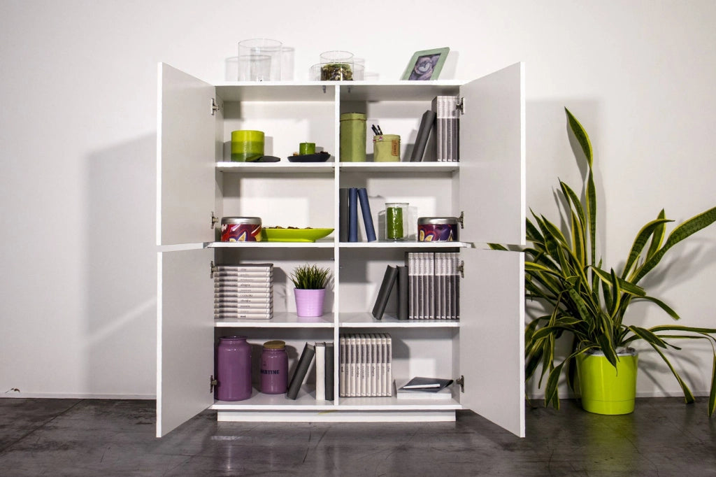 Credenza Ara, Madia da cucina a 4 ante, Buffet da soggiorno, 100% Made in Italy, cm 100x41h126, Bianco lucido