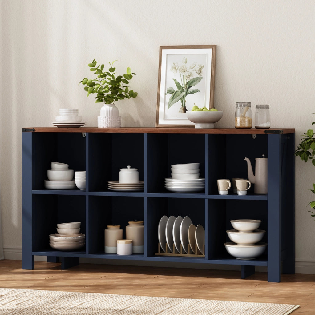Libreria Orizzontale Blu in MDF a 8 Vani 140x34x75 cm