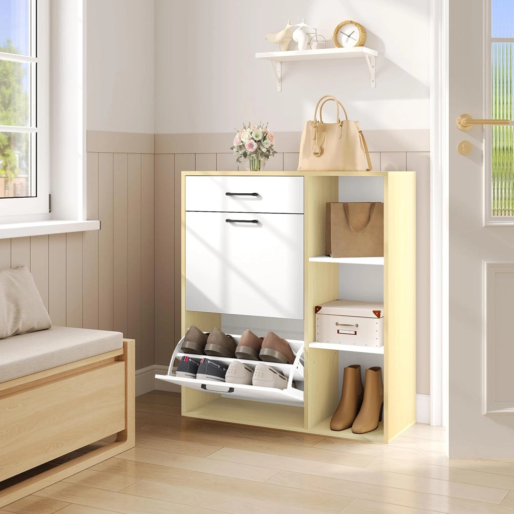 Scarpiera a Ribalta, Scarpiera da ingresso con Ripiani Aperti, Porta Scarpe con Cassetto, Organizer per Scarpe, Stivali, Bianco + legno naturale, 80x30x90cm