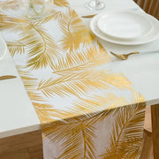 Tessuto di velatura in oro metallico 28cm x 25m con foglie di palma, tappeto di velatura rotolo, banda decorativa per tavolo in oro e bianco, decorazione per tavolo per matrimonio, compleanno, vacanze e feste estive.