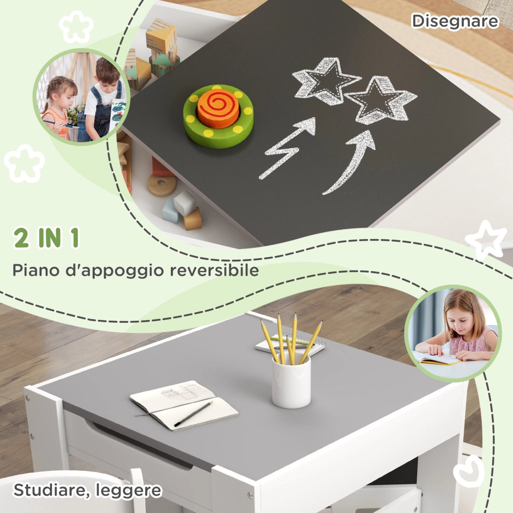 Set Tavolino per Bambini e 2 Sedie. Piano del Tavolo 3 in 1 con Lavagna e Contenitori. Grigio