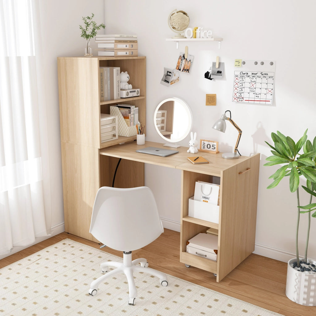 Scrivania richiudibile con vano contenitore; piano estraibile e ripiani regolabili; in MDF colore legno naturale