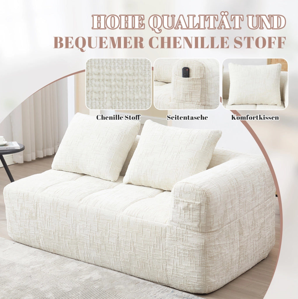 Divano chaise longue in ciniglia beige con tasche laterali e cuscino incluso
