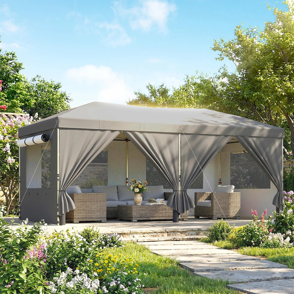 Gazebo Pieghevole 3x6 m con 6 Pareti Laterali, Sacchi e Picchetti, in Metallo e Tessuto Oxford, Grigio Scuro