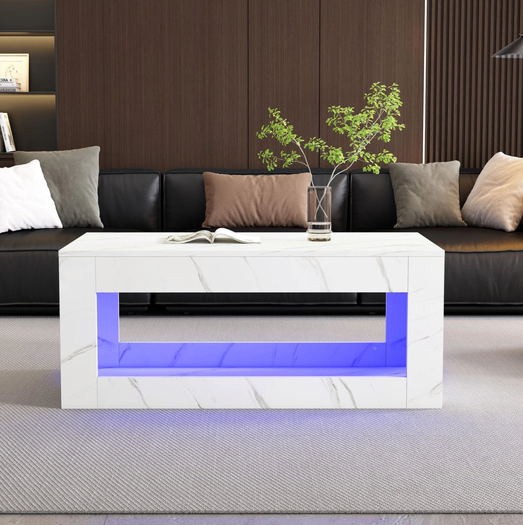 Tavolino da caff猫 100x50x50 cm; LED con ampio vano portaoggetti; pannello truciolare bianco