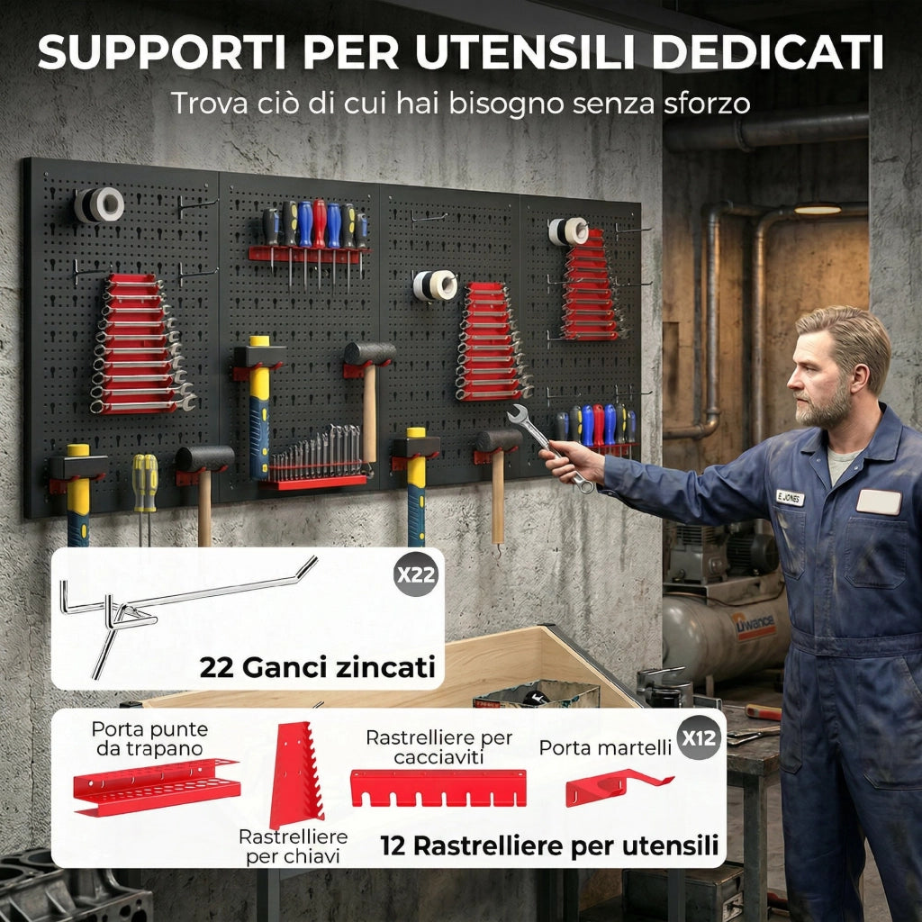 Set 4 Pannelli Porta Attrezzi da Parete in Acciaio 38pz. con 12 Supporti e 22 Ganci. Nero e Rosso