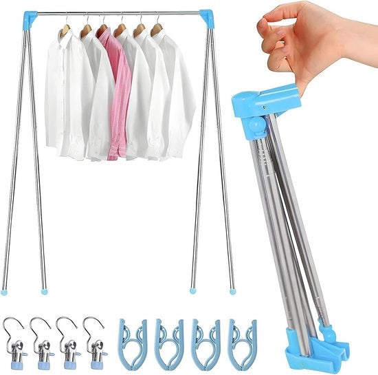 Assemini Portatile in Acciaio Inossidabile | Regolabile da 34 a 70 cm | Con 4 Sostegni, 4 Viti e Tasca | Assemini Portatile per Camping, Balcone e Hotel | Blu | Ripiegabile e Portatile