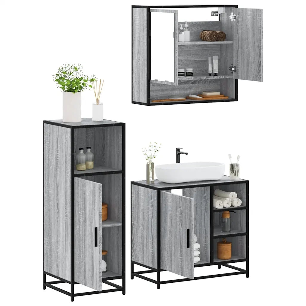 Set Mobili da Bagno 3 pz Grigio Sonoma in Legno Multistrato 3300998