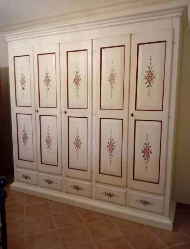 Armadio shabby 5 porte legno bianco anticato decorato filo marrone 254x61x240 - Mobili 2G