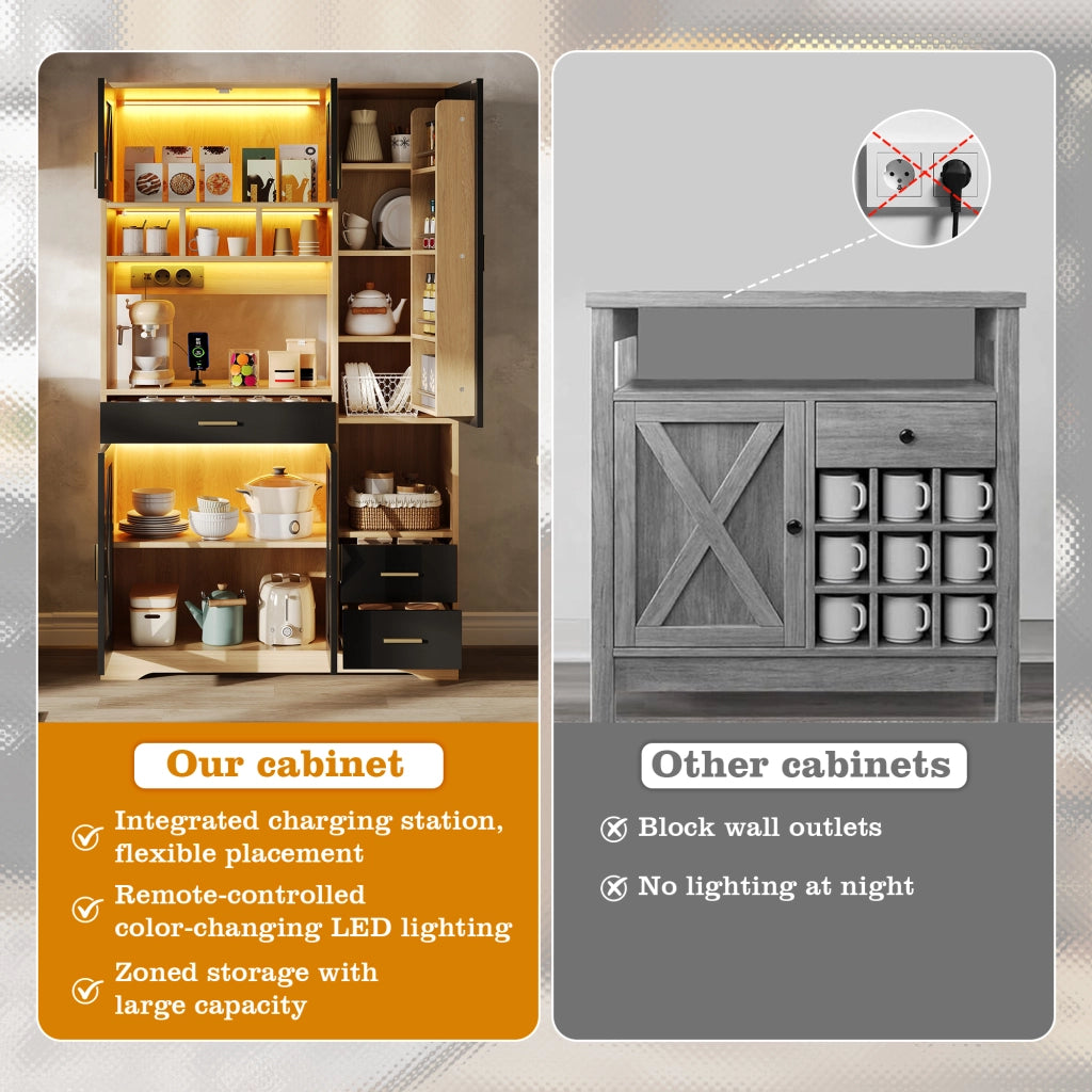 credenza alta con vetrina LED e prese usb, ripiani regolabili e cassetto per cucina e soggiorno 105 × 40 × 185 cm