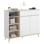 Credenza Aleandro, Buffet dispensa da soggiorno, Madia da salotto moderna a 2 ante, 120x40h102 cm, Bianco e Rovere