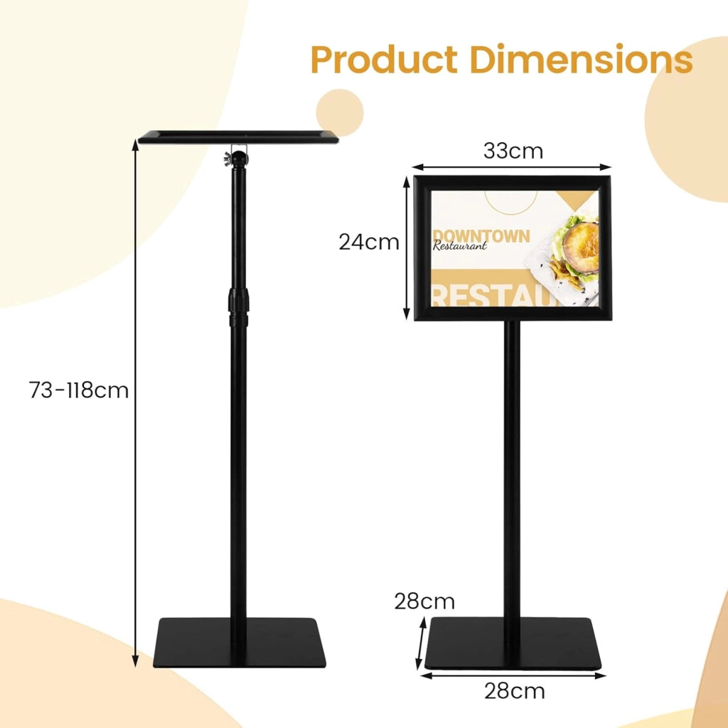 Supporto per poster A4, set di 2 espositori con rotazione a 360°, altezza regolabile 74-118 cm, base ponderata, pannello per menu, matrimonio, ristorante (nero, 2)