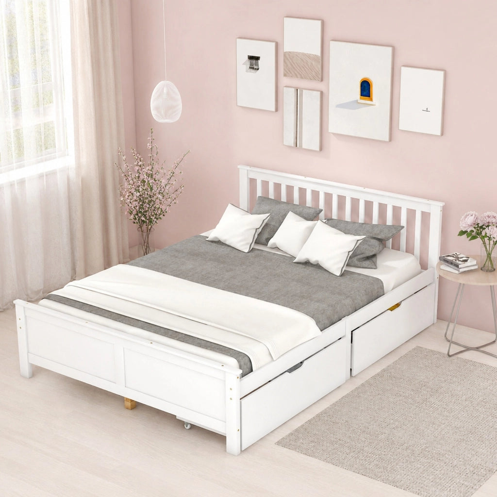 Letto matrimoniale 140x200 cm bianco con 2 cassetti