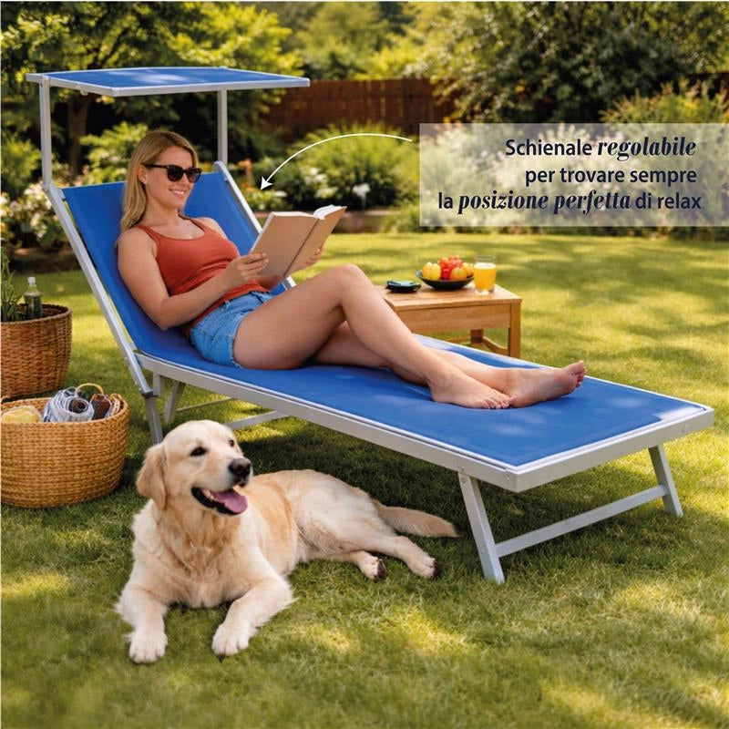 LETTINO RIMINI PRENDISOLE IN ALLUMINIIO CON PARASOLE PIEGHEVOLE 61X183/189X38H CM , COLORE BLU