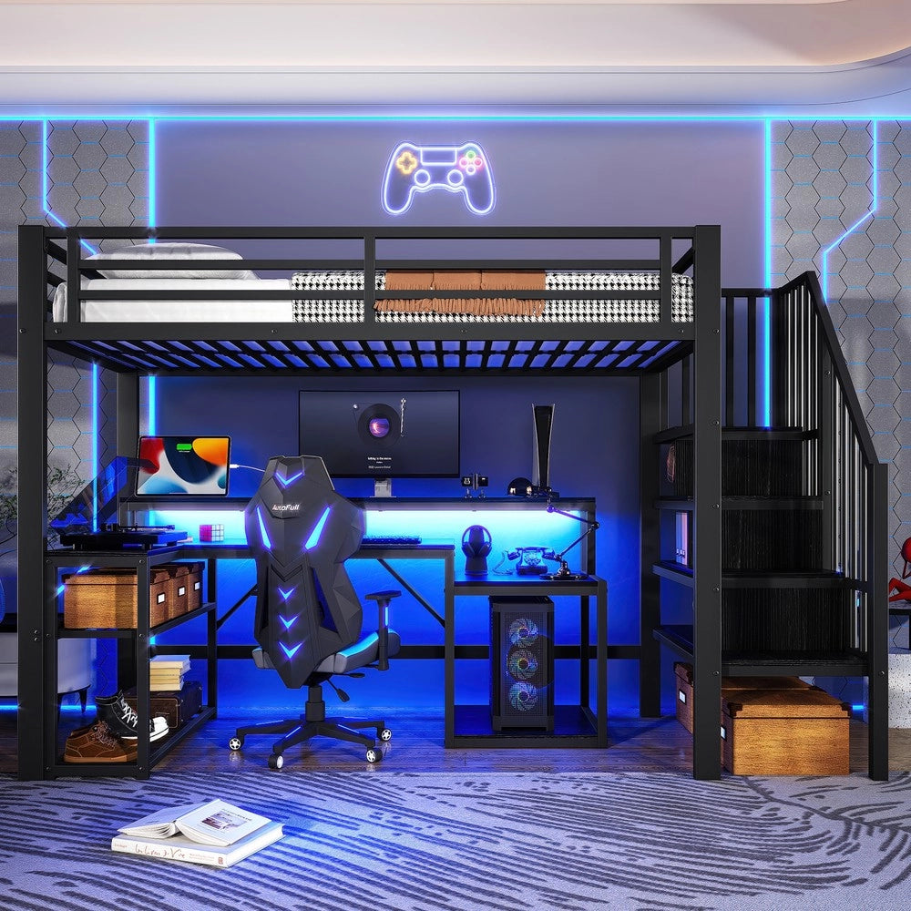 Letto a Soppalco con Scrivania e LED ¨C Xylo ¨C Nero, Metallo, 90x200 cm