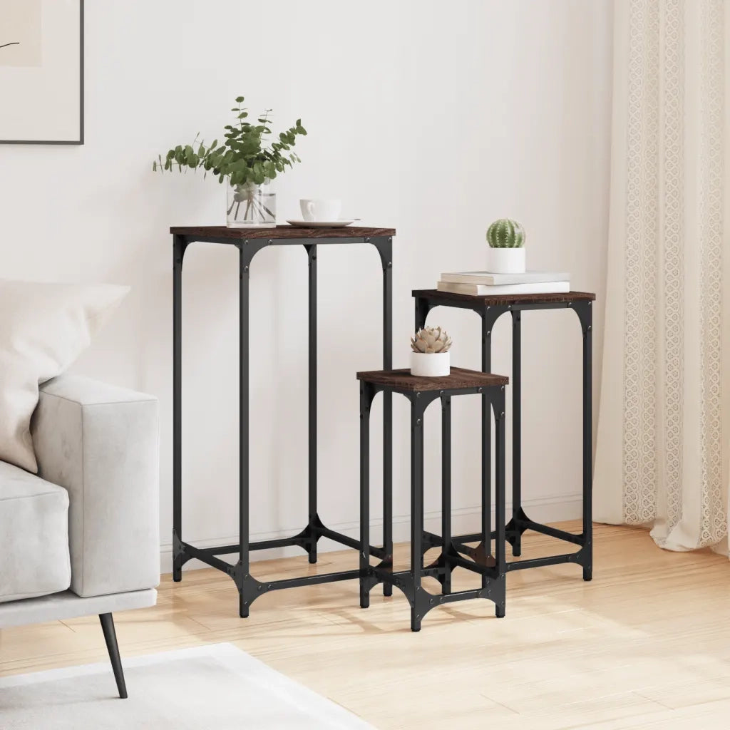 Tavolini Impilabili 3 pz | Tavolo laterale Rovere Marrone in Legno Multistrato