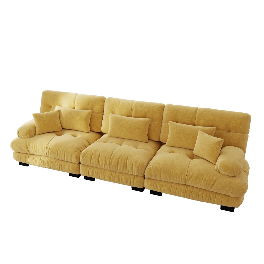 Divano angolare modulare a 3 posti con seduta profonda e cuscini in chenille gialla 313.0 × 77.0 × 81.0 cm