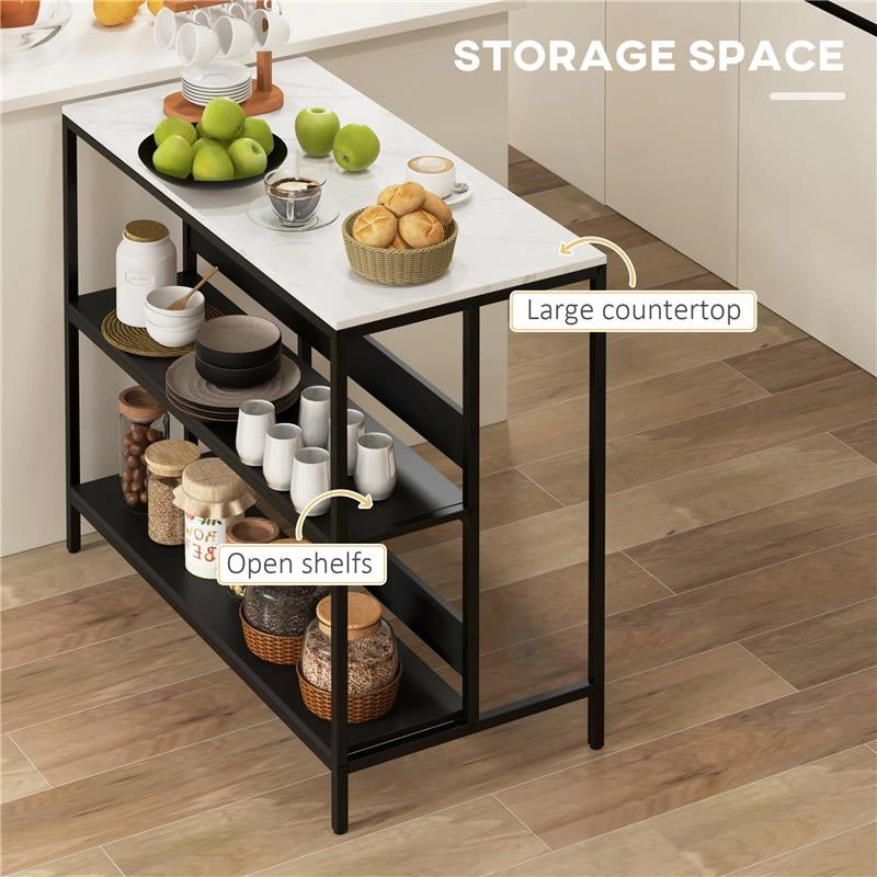 ISOLA DA CUCINA CON MENSOLE, PIANO EFFETTO MARMO E STRUTTURA IN METALLO, 100X50X90CM, NERO E BIANCO