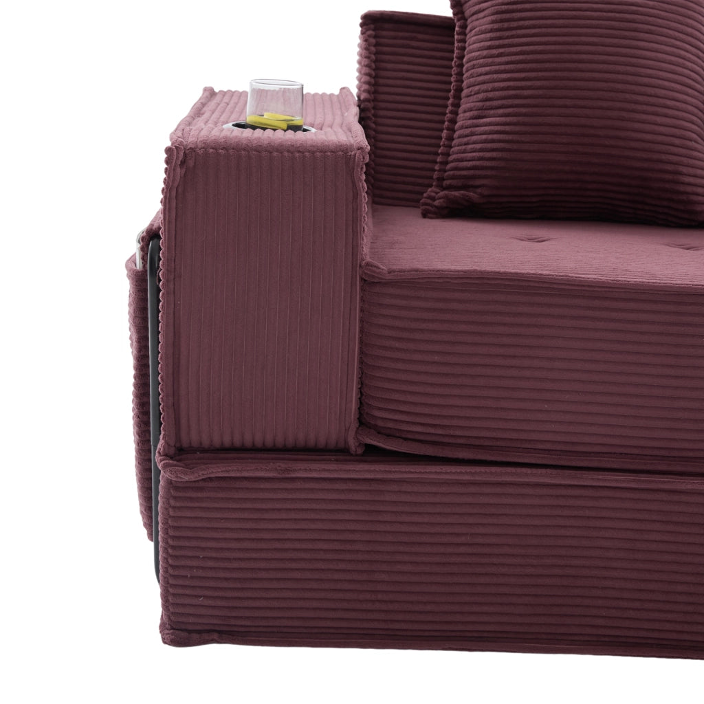 Pouf divano 2 posti in velluto a coste, colore wine red, con 2 cuscini e tasche laterali
