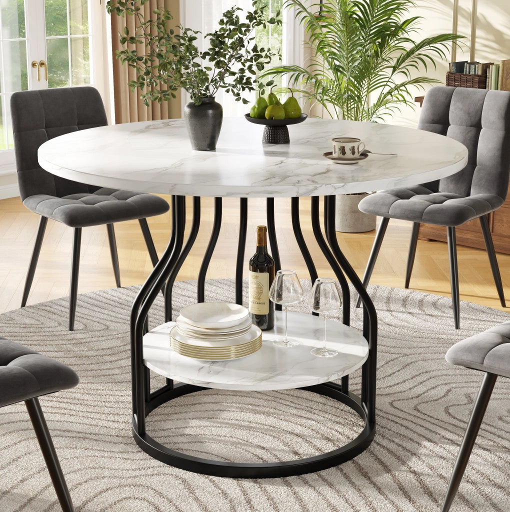 Tavolo da pranzo rotondo 80x80x76 cm con vano inferiore; MDF effetto marmo nero