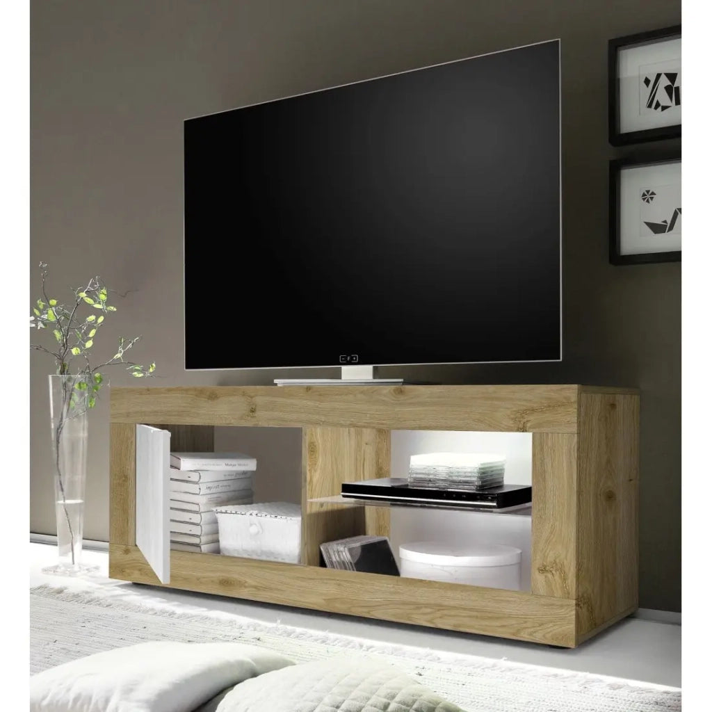 Mobile porta TV 1 anta senza illuminazione ACCESS. Colori bianco e rovere chiaro.