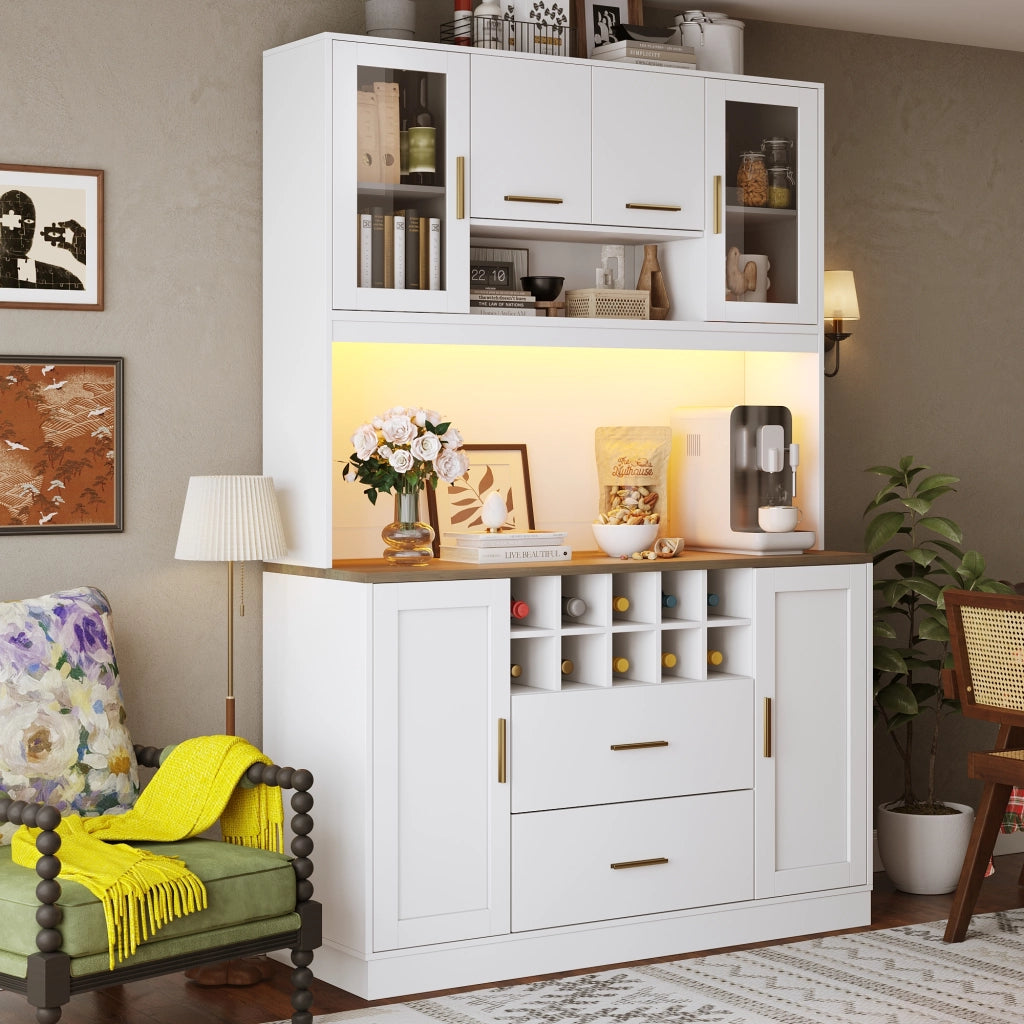 Credenza da Cucina con 6 Ante; 2 Cassetti; Portabottiglie; LED e Prese USB; in MDF; 120x36;3x180 cm; Bianco
