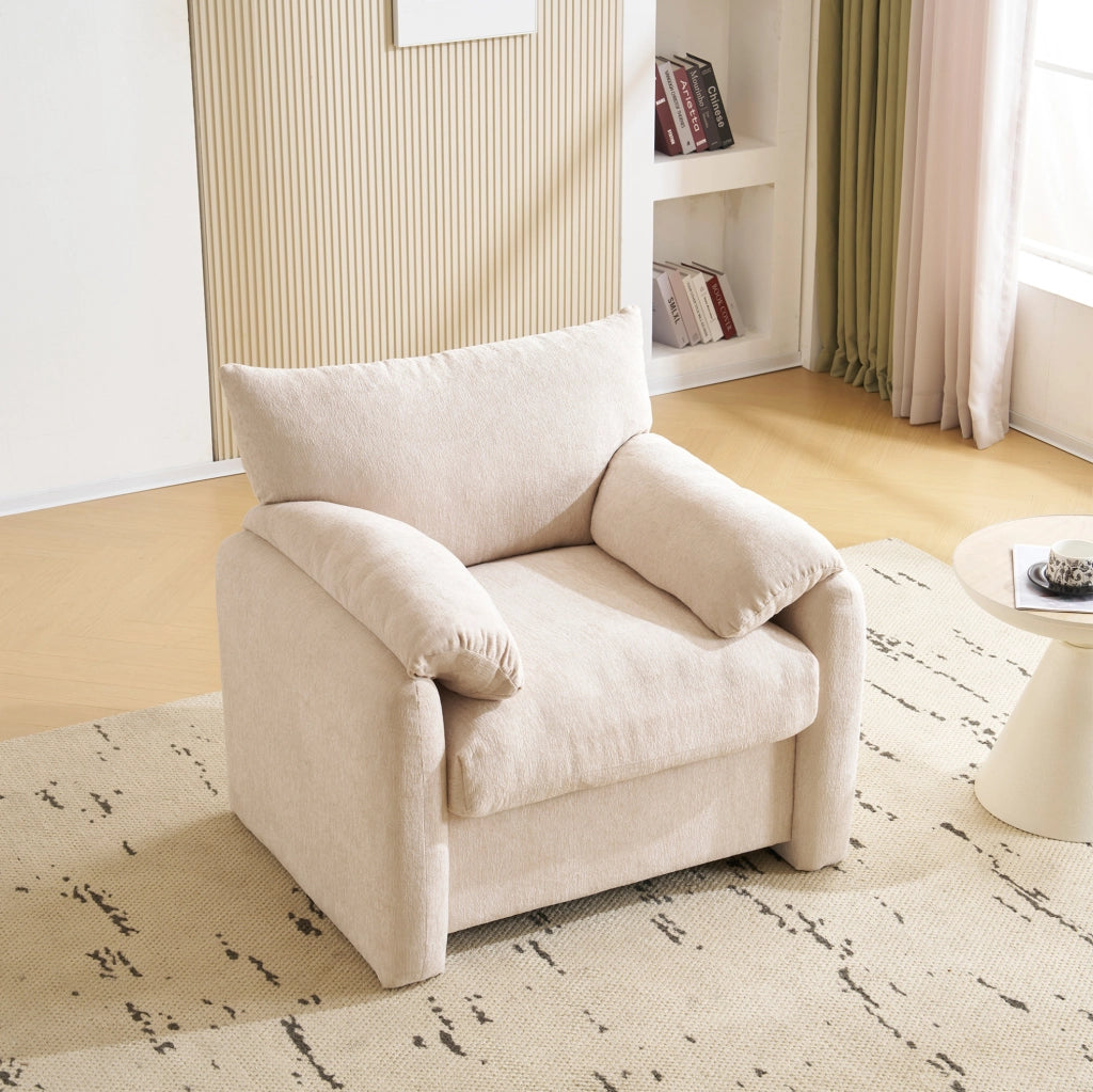 Poltrona singola in chenille beige; seduta 96x82x84 cm; struttura in legno e ferro