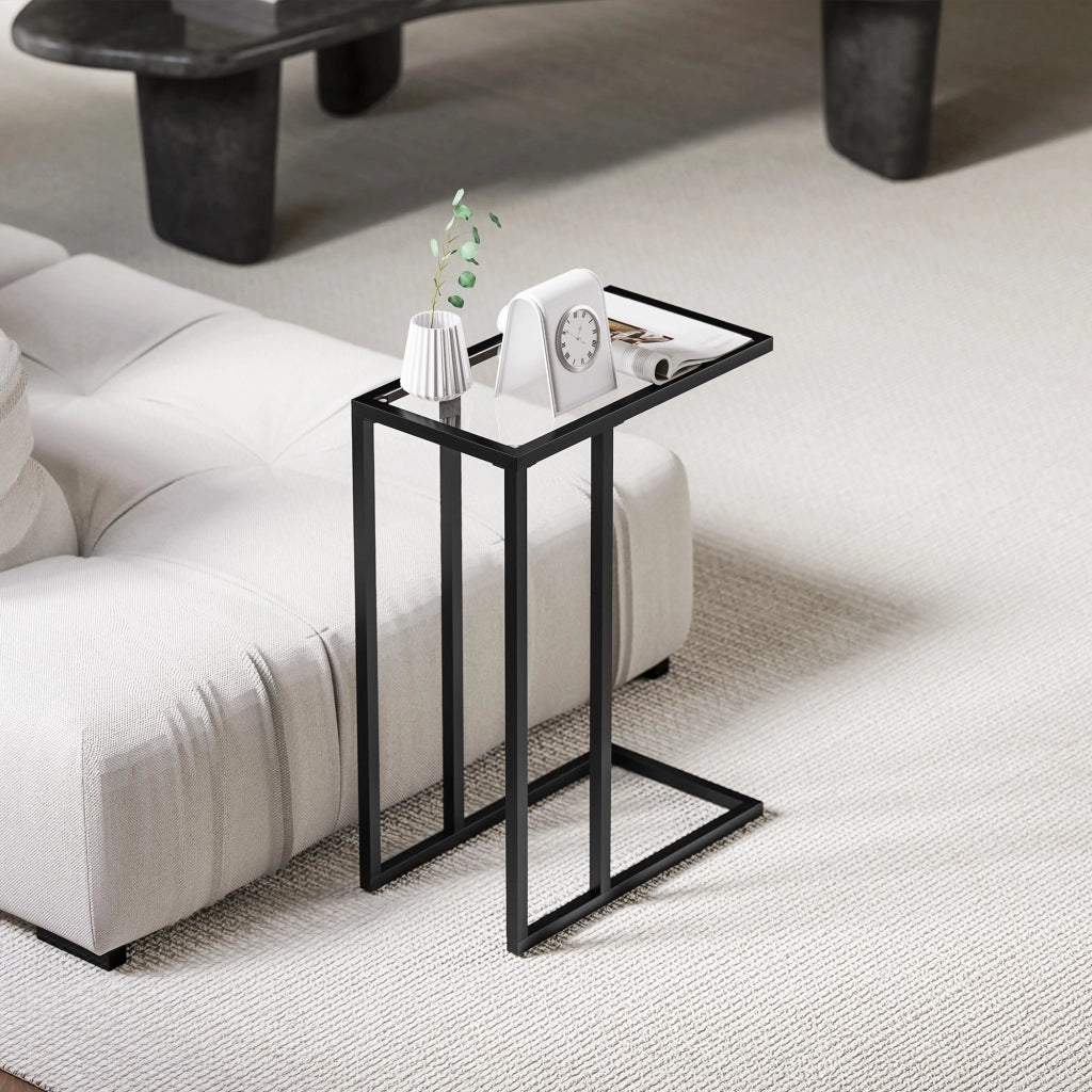 Tavolino da Salotto a Forma di C 46x25x63,5 cm in Vetro e Acciaio Nero