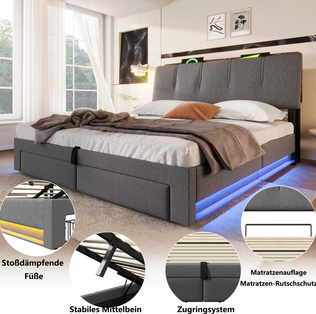 Letto imbottito 140x200 cm con contenitore, USB, LED e testiera con vani