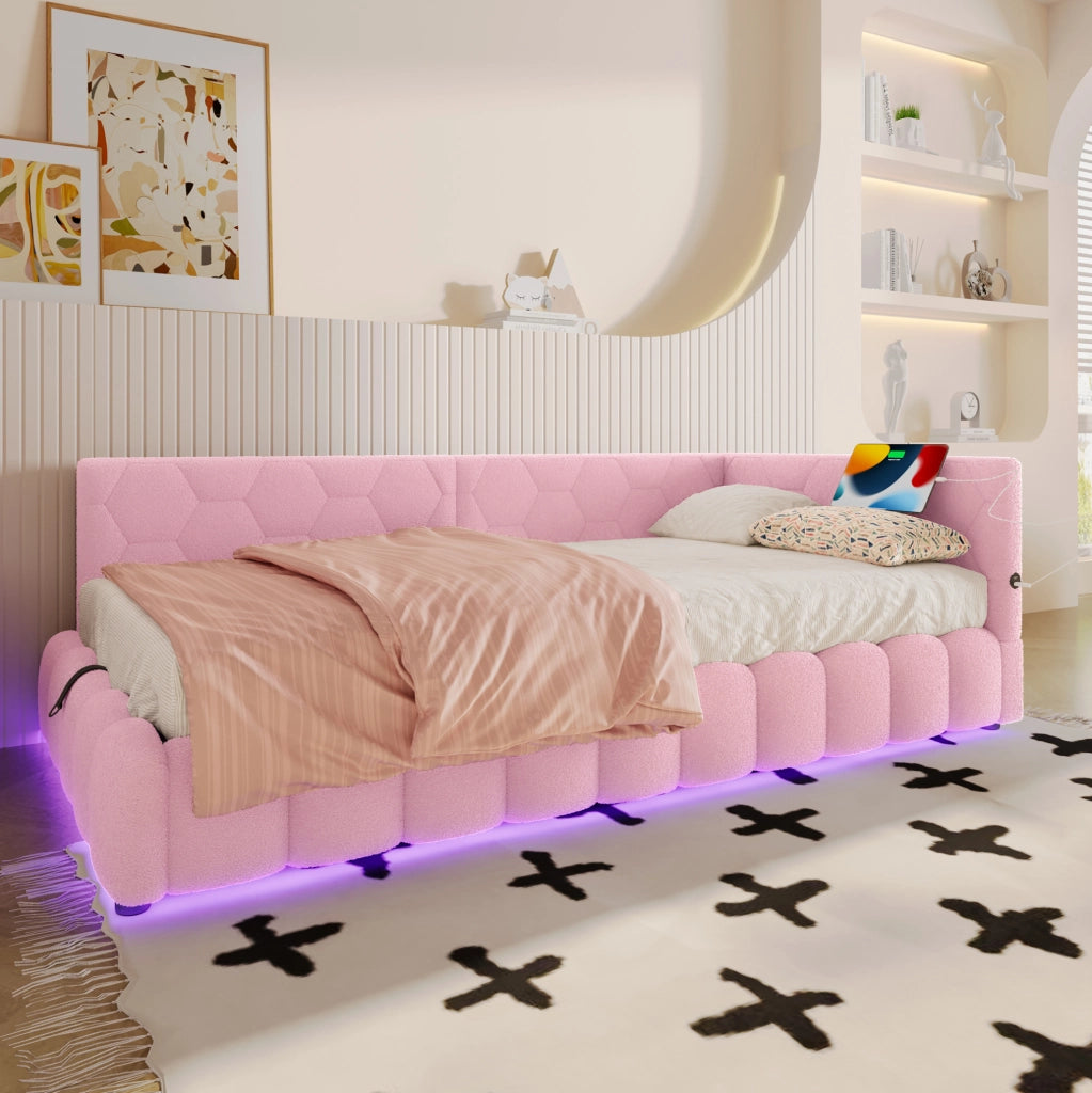 Letto daybed 90x200 cm rosa con LED, USB-C e contenitore