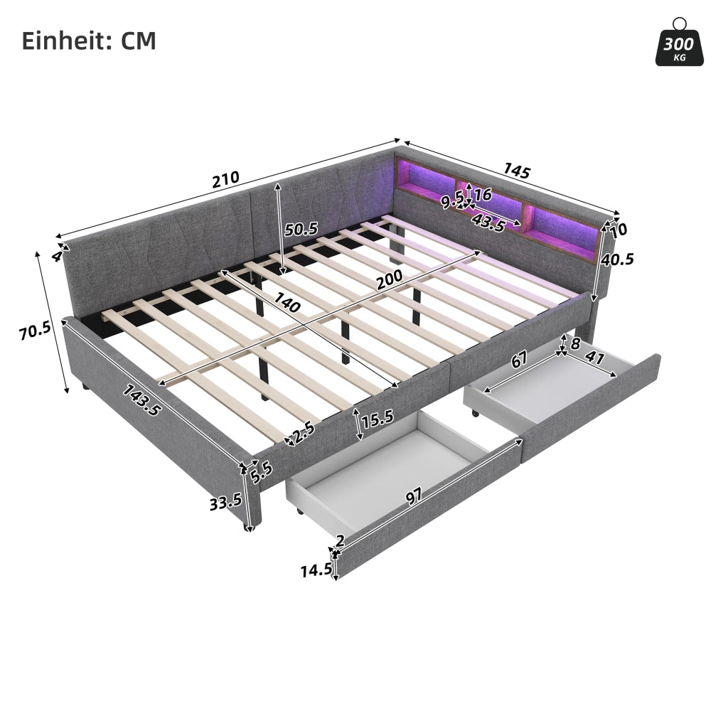 LETTO 140x200 cm in lino grigio con LED, USB e 2 cassetti