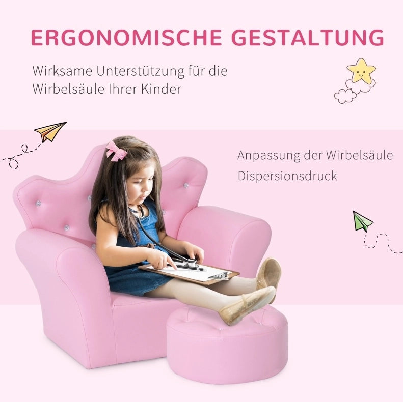Poltroncina per bambini rosa con pouf e finitura capitonné