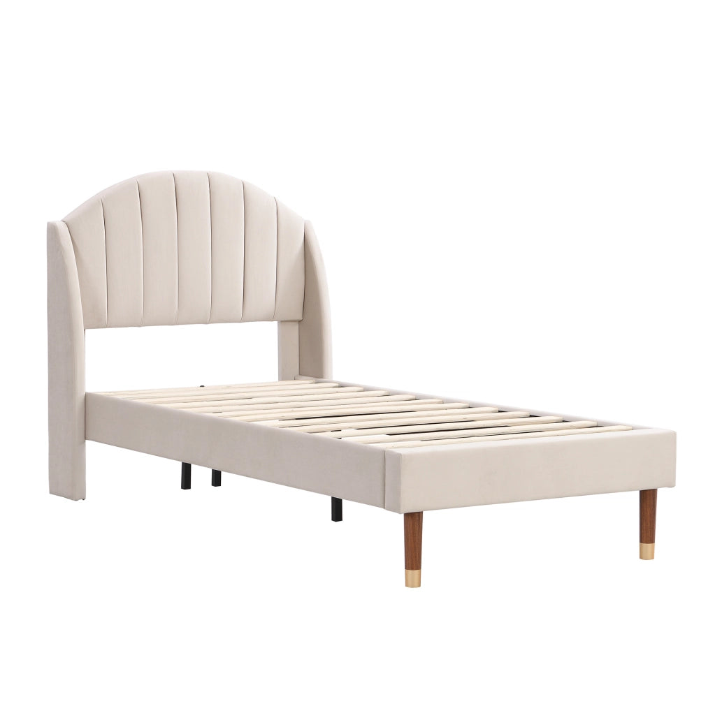 Letto imbottito singolo 90x200 cm con rete e testiera in velluto beige