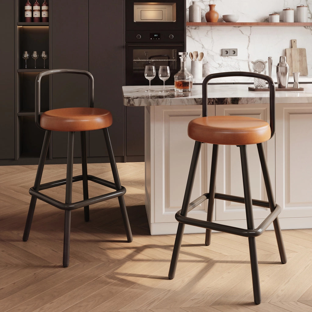 Sgabello da bar con schienale ergonomico, seduta imbottita in PU idrorepellente e gambe in ferro marrone