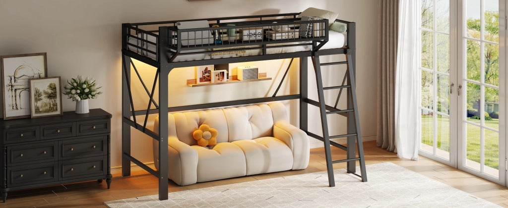 DESMIU Letto a soppalco 90 × 200 cm con cestino, luce LED e scala, senza materasso, in metallo, nero