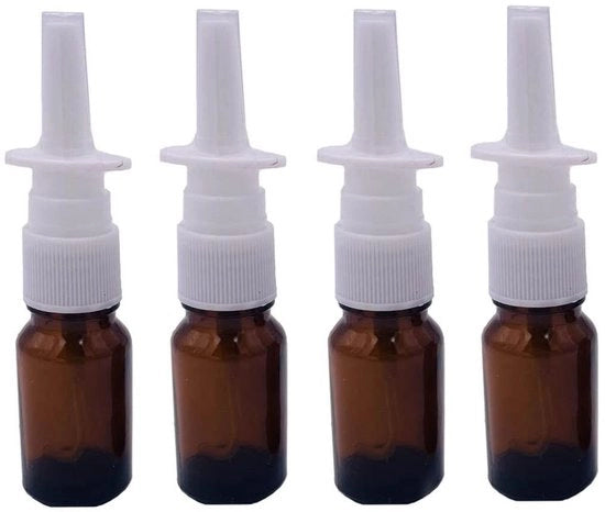Spruzzatore per il Naso Riempibile - 4 x Flacone da Spillo - Vetro Amber - 10 ml - Soluzione Salina Medica - Ideale per Irrigazione Nasale - Flacone da Spillo