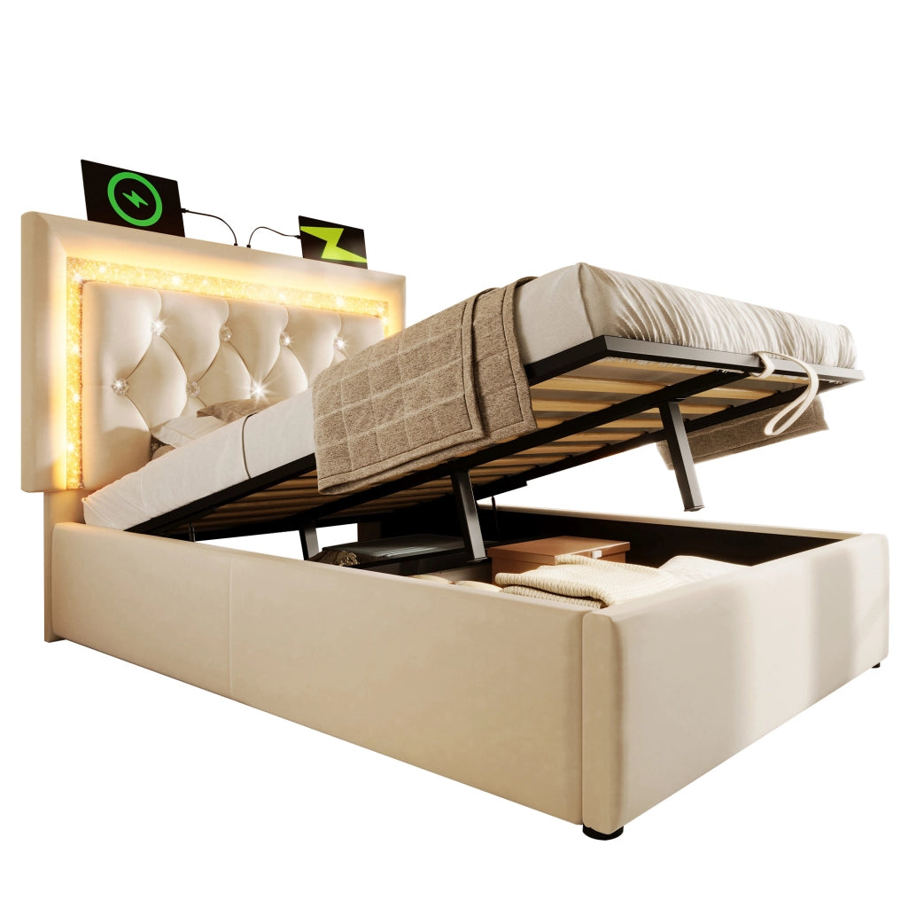 Letto singolo 90x200 cm in velluto beige con LED integrato; USB e Type-C; contenitore