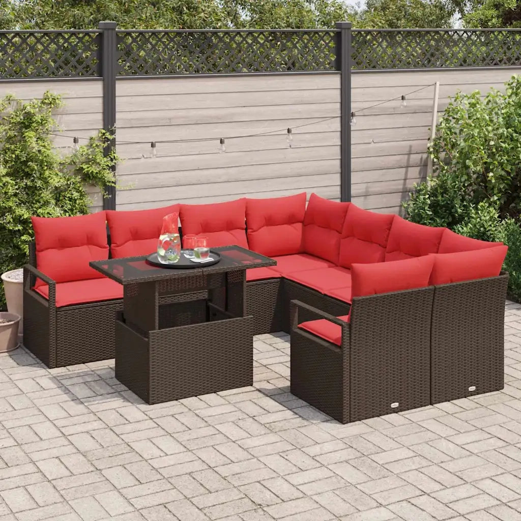 Set Divano da Giardino 9 pcs Marrone e Rosso polyrattan