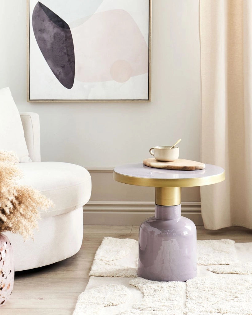 Tavolino da caffè moderno in ferro con finitura smaltata e lucida piano di design rotondo in ottone viola soggiorno contemporaneo minimalista