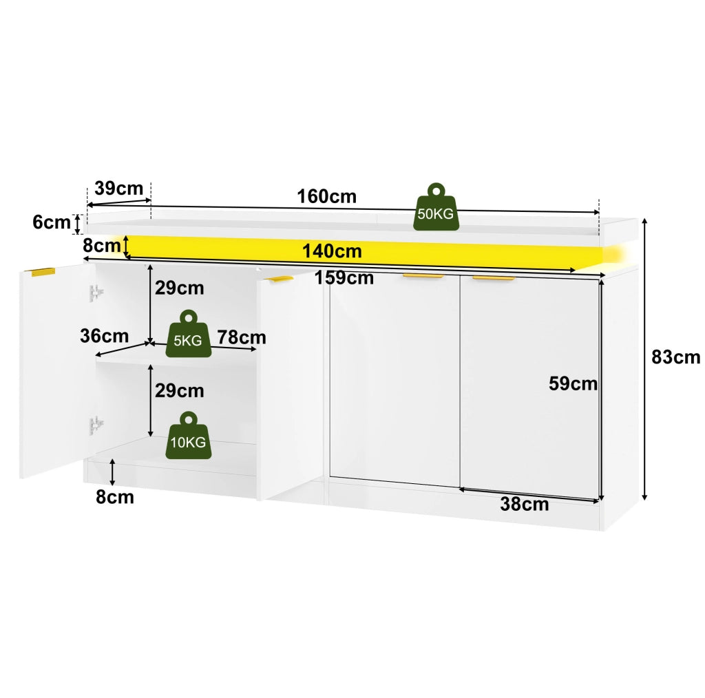 Credenza moderna con LED RGB; 160 x 39 x 83 cm; in MDF bianco